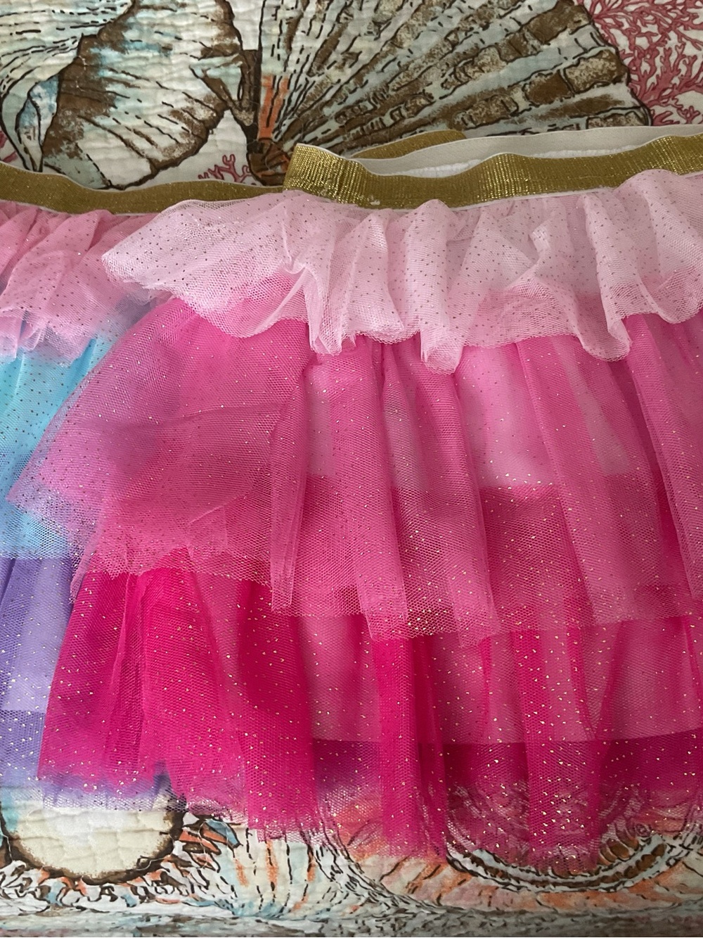 Girls Layered Pink Glitter Tulle Skirts with Gold Elastic Waist